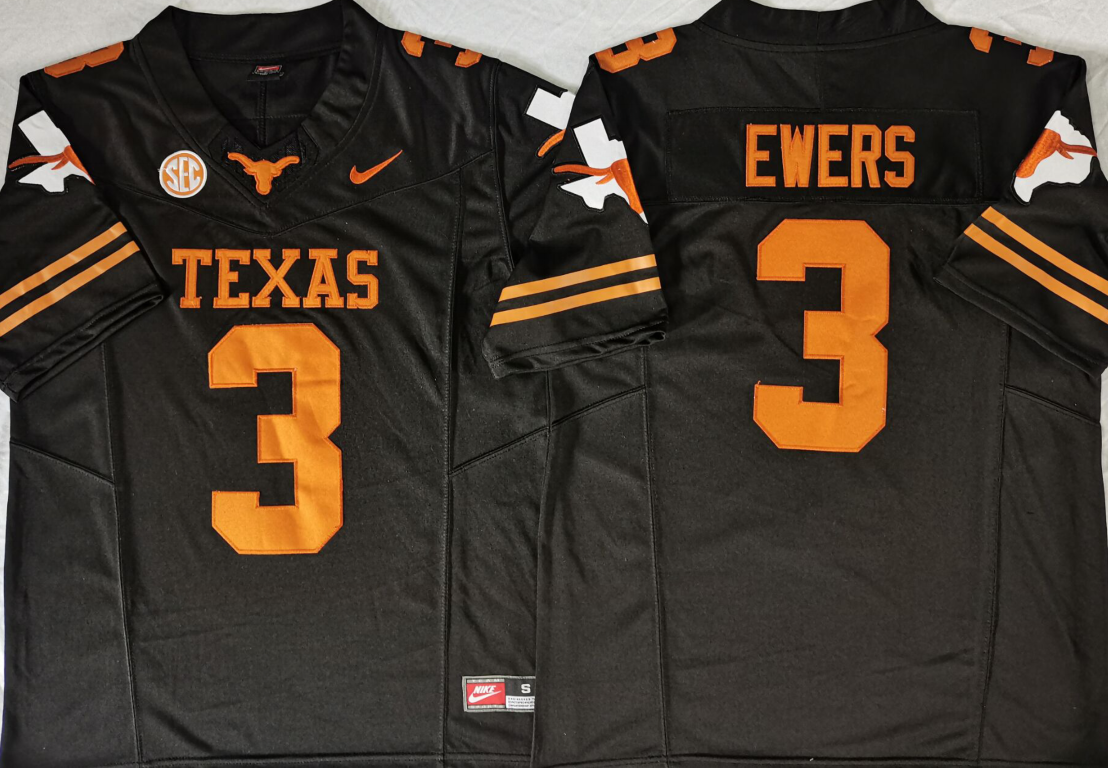 Men's Texas Longhorns Quinn Ewers #3 Black Player Game Jersey sports jersey product view 1