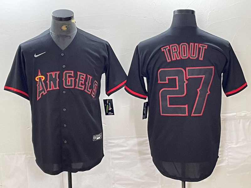 Men's Los Angeles Angels Mike Trout #27 MLB Black Sewn Baseball Jersey baseball jersey product view 1