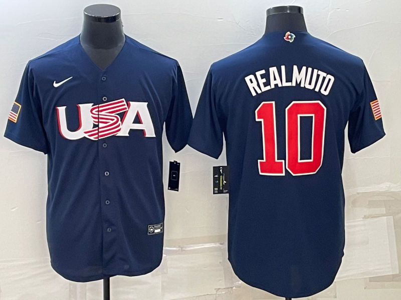 Men's 2023 World Baseball Classic J. T. Realmuto USA Navy Jersey baseball jersey product view 1