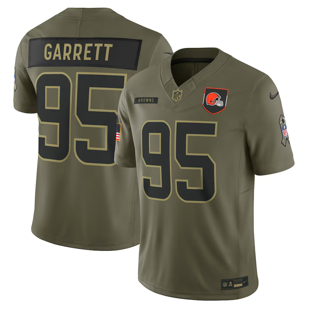 Men's Cleveland Browns Myles Garrett Olive 2025 Salute to Service Limited Jersey football jersey product view 1