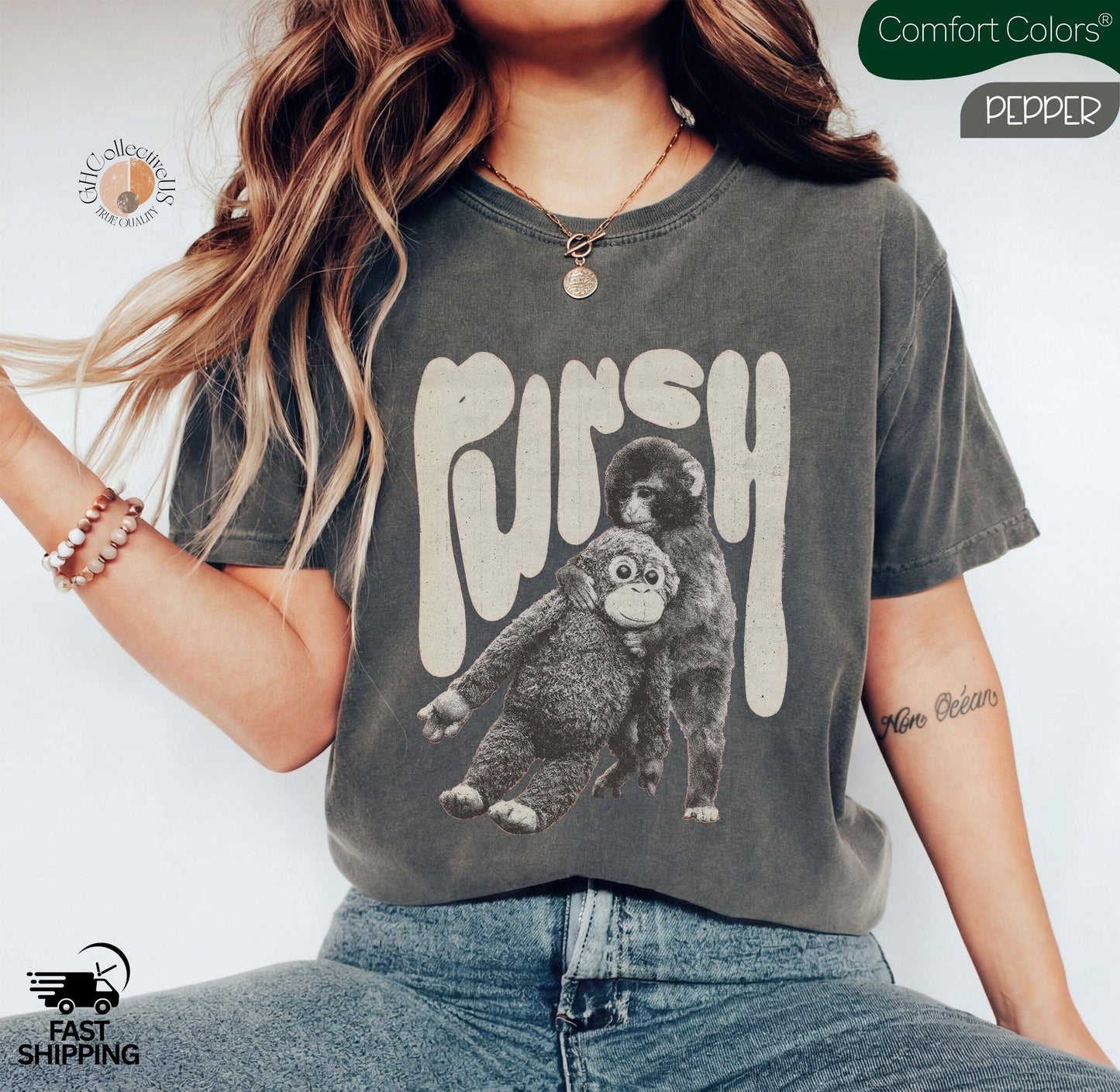 Monkey Punch  T-Shirt, Baby Monkey Holding Plush Toy Unisex T-shirt, Sweatshirt, Hoodie, Long Sleeve Tee - T-Shirt, Sweatshirt, Hoodie