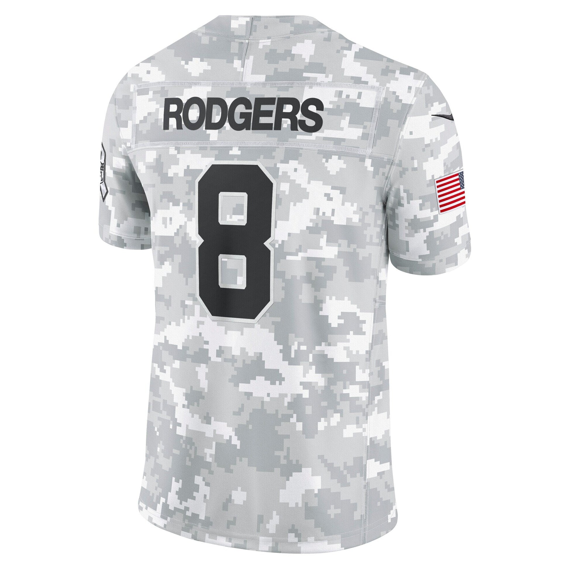 Aaron Rodgers New York Jets 2024 Salute to Service Limited Jersey - Arctic Camo football jersey product view 3