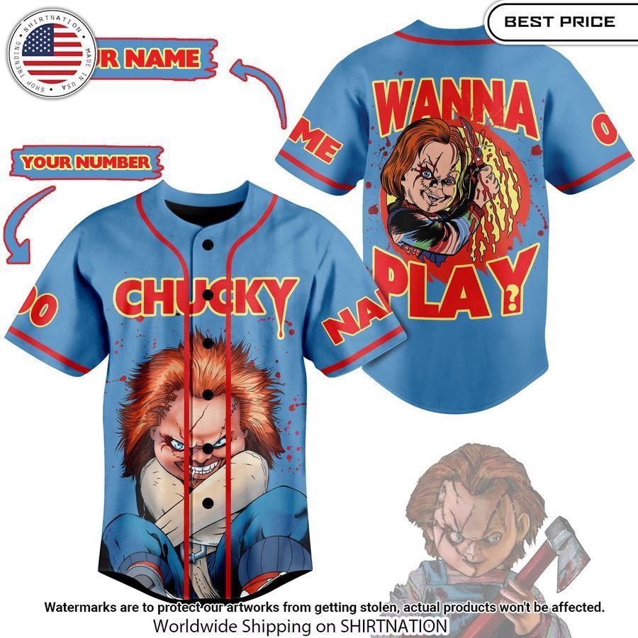 Chucky Wanna Play Custom Baseball Jersey Unisex T-shirt, Sweatshirt, Hoodie, Long Sleeve Tee - T-Shirt, Sweatshirt, Hoodie