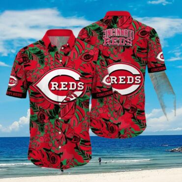 Cincinnati Reds Tropical Foliage Hawaiian Shirt Unisex T-shirt, Sweatshirt, Hoodie, Long Sleeve Tee - T-Shirt, Sweatshirt, Hoodie