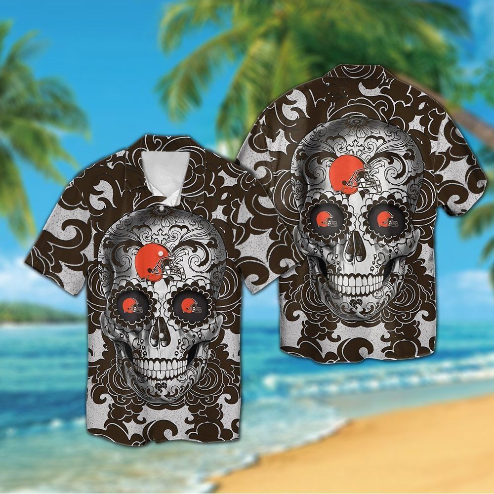 Cleveland Browns Sugarskull Short Sleeve Button Up Tropical Hawaiian Shirt Unisex T-shirt, Sweatshirt, Hoodie, Long Sleeve Tee - T-Shirt, Sweatshirt, Hoodie