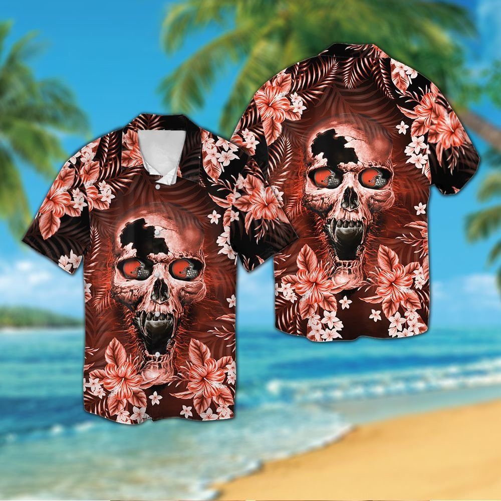 Cleveland Brownsskull Short Sleeve Button Up Tropical Hawaiian Shirt VER01 Unisex T-shirt, Sweatshirt, Hoodie, Long Sleeve Tee - T-Shirt, Sweatshirt, Hoodie