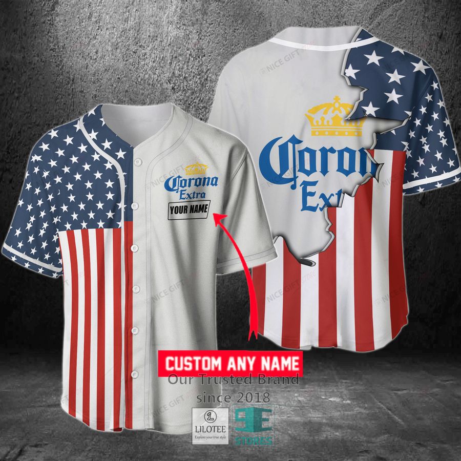 Corona Extra Your Name US Flag Baseball Jersey Unisex T-shirt, Sweatshirt, Hoodie, Long Sleeve Tee - T-Shirt, Sweatshirt, Hoodie