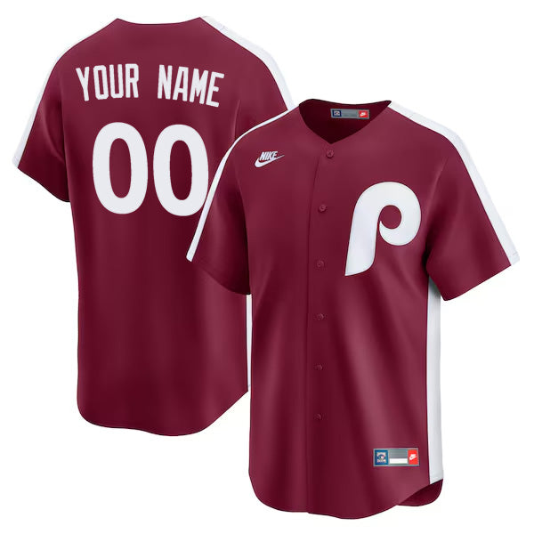 Custom Philadelphia Phillies Cooperstown Throwback Jersey Burgundy baseball jersey product view 1
