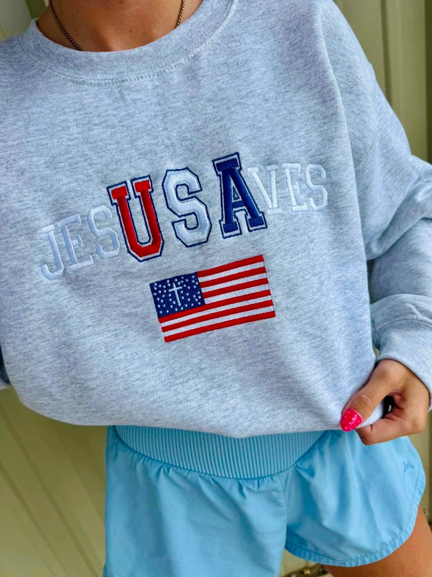 Jesus Saves USA Embroidery Graphic JULY48 Unisex T-shirt, Sweatshirt, Hoodie, Long Sleeve Tee - T-Shirt, Sweatshirt, Hoodie