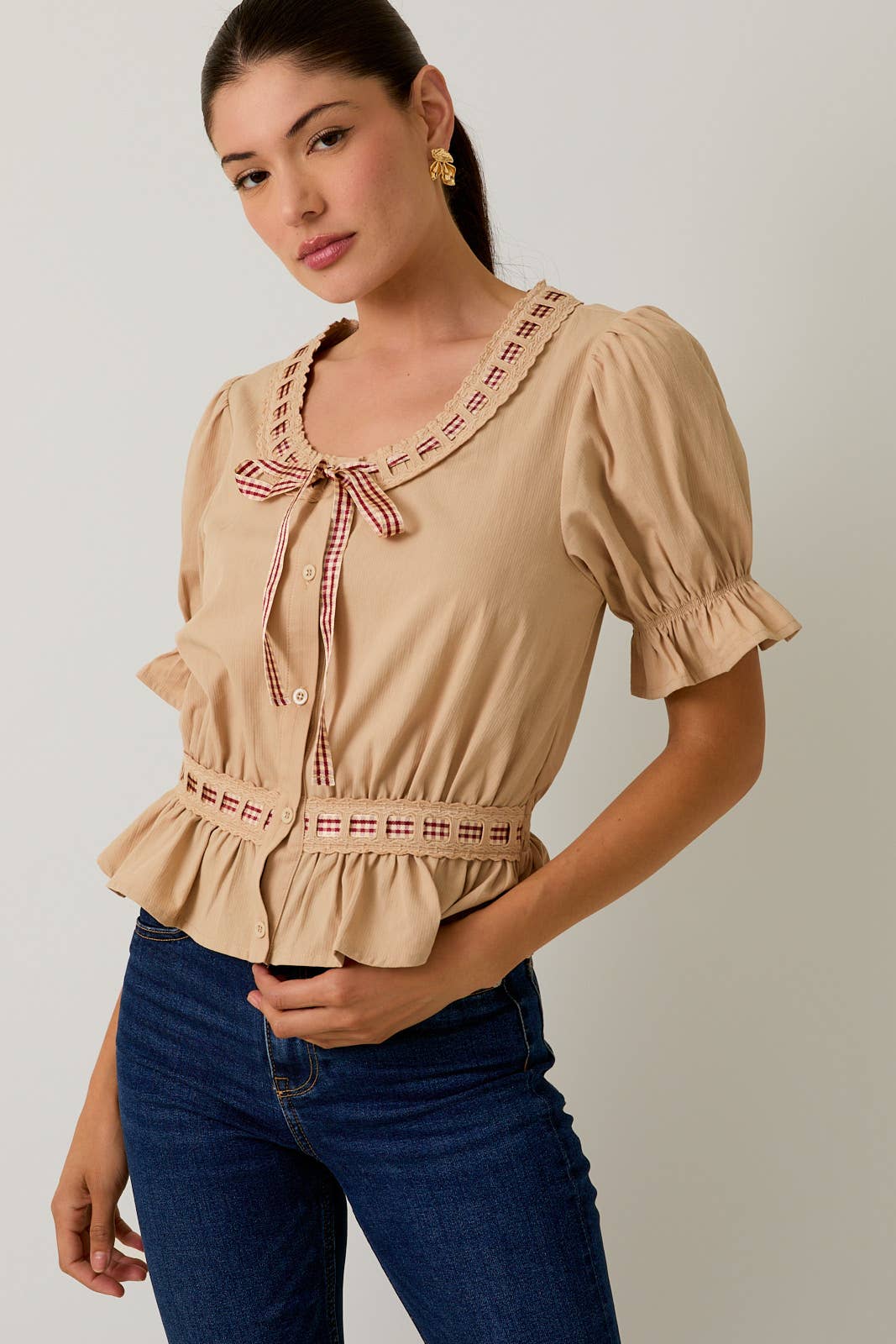 Scoop Neck Short Sleeve Bow Through Peasant Blouse Unisex T-shirt, Sweatshirt, Hoodie, Long Sleeve Tee - T-Shirt, Sweatshirt, Hoodie
