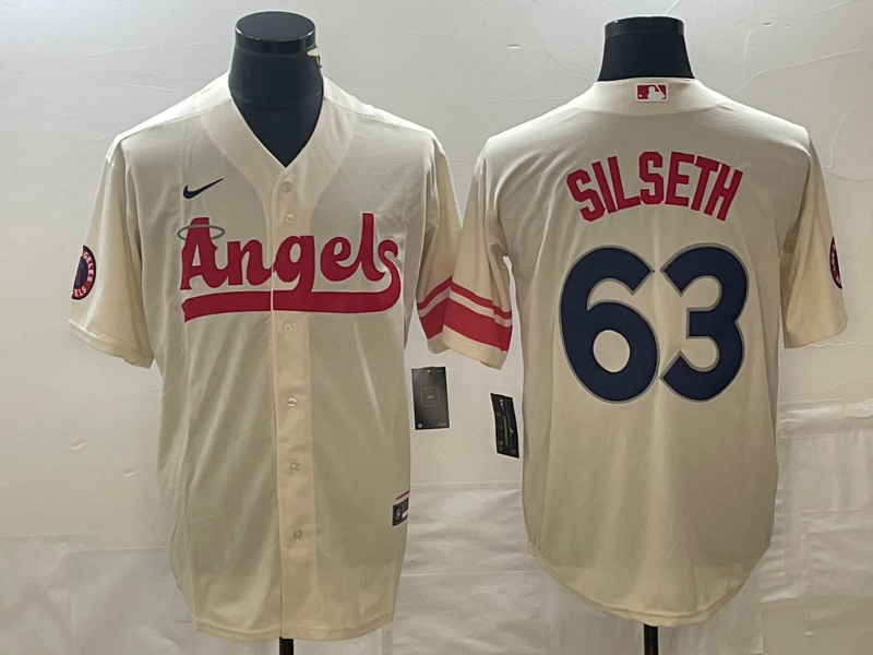 Men's Los Angeles Angels Chase Silseth #63 Cream 2022 City Connect Replica Player Jersey1 baseball jersey product view 1