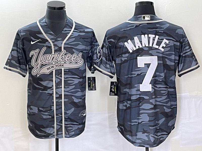 Men's New York Yankees Mickey Mantle #7 Grey Camouflage Player Jersey Joint Edition baseball jersey product view 1