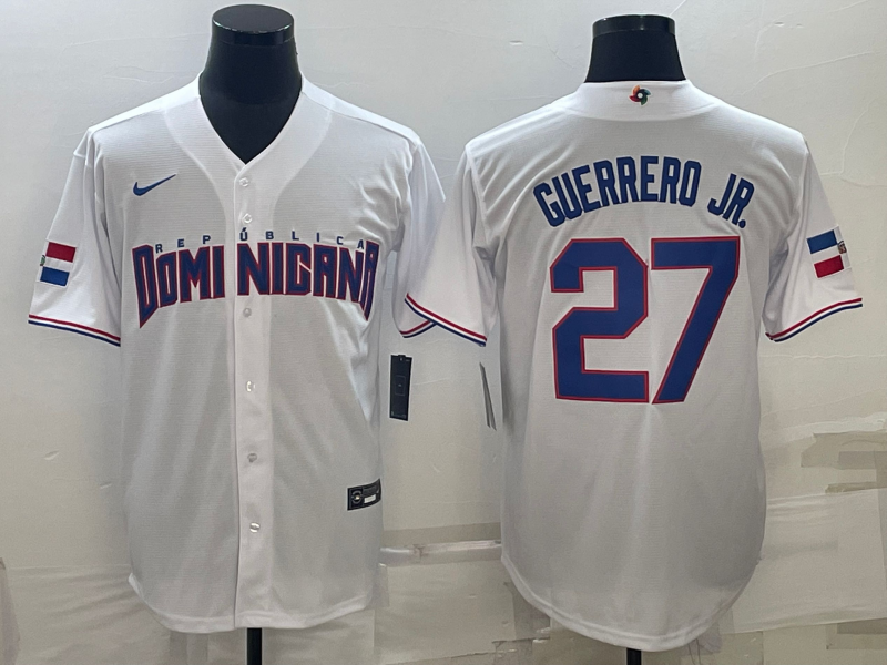 Men's 2023 World Baseball Classic Vladimir Guerrero Jr. Dominican Republic White Jersey baseball jersey product view 1