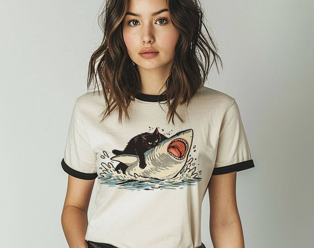 Cat Riding Shark - Funny Cat Ringer Shirt Unisex T-shirt, Sweatshirt, Hoodie, Long Sleeve Tee - T-Shirt, Sweatshirt, Hoodie
