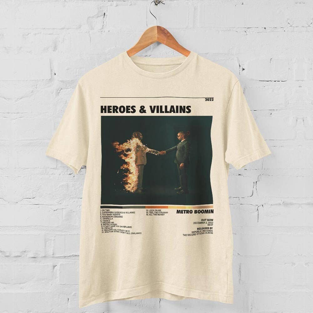 Heroes & Villains Metro Boomin Album Retro Graphic Tee Unisex T-shirt, Sweatshirt, Hoodie, Long Sleeve Tee - T-Shirt, Sweatshirt, Hoodie