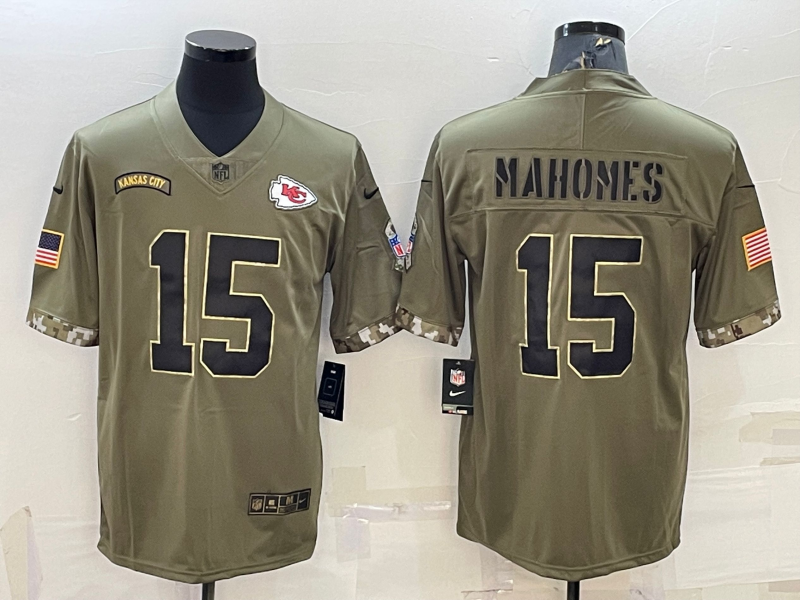 Men's Kansas City Chiefs Patrick Mahomes #15 Olive 2022 Salute To Service Limited Jersey1 football jersey product view 1