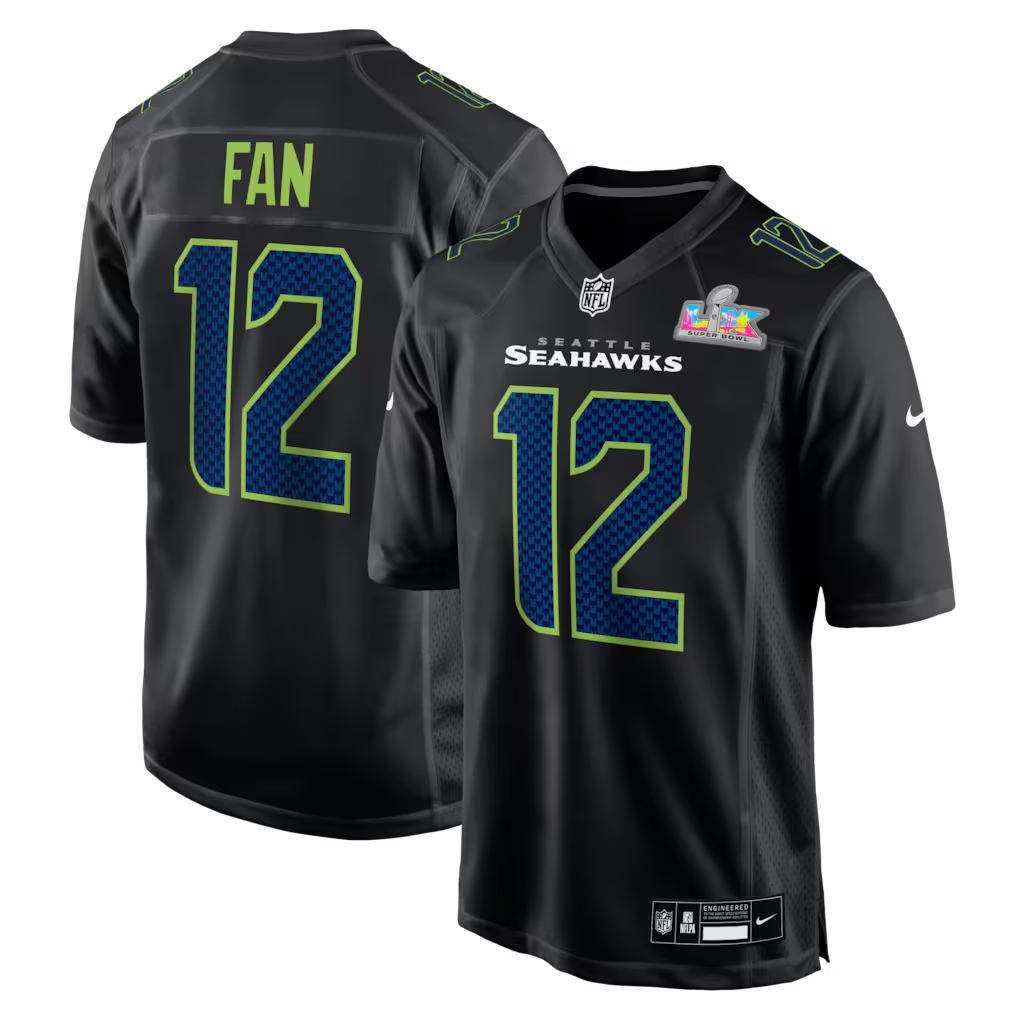 Men's Seattle Seahawks 12s Black Super Bowl LX Patch Carbon Fashion Game Jersey football jersey product view 1