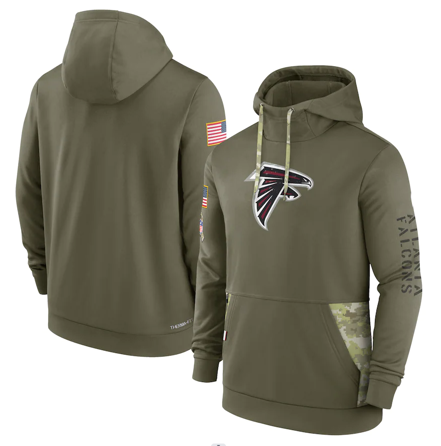 Men's Atlanta Falcons Olive 2022 Salute to Service Therma Performance Pullover Hoodie football jersey product view 1