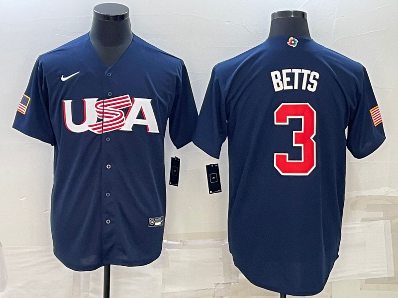 Men's 2023 World Baseball Classic #3 Mookie Betts USA Navy Jersey1 baseball jersey product view 1
