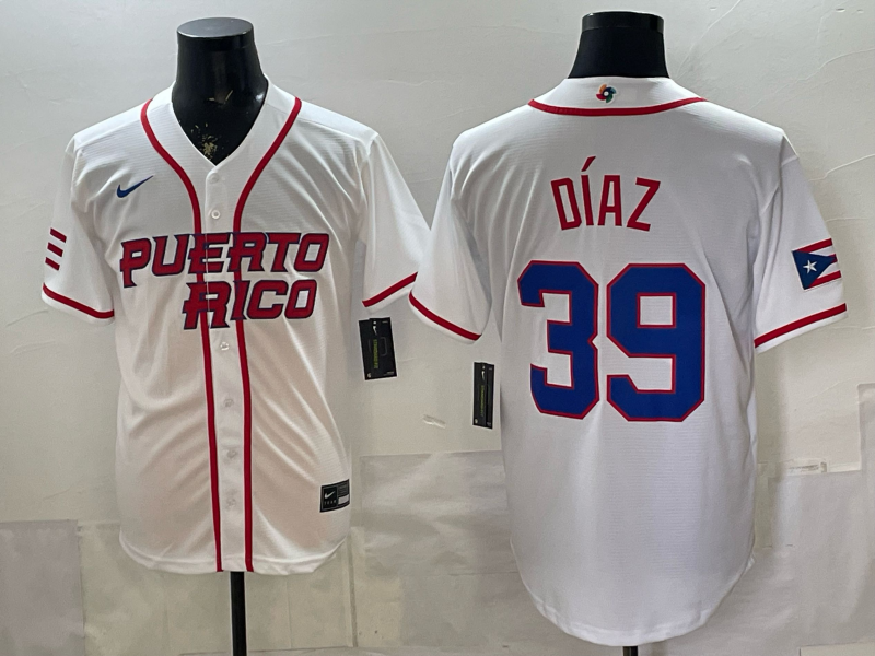 Men's Puerto Rico Baseball Edwin Diaz #39 White 2026 World Baseball Classic Stadium Jersey baseball jersey product view 1