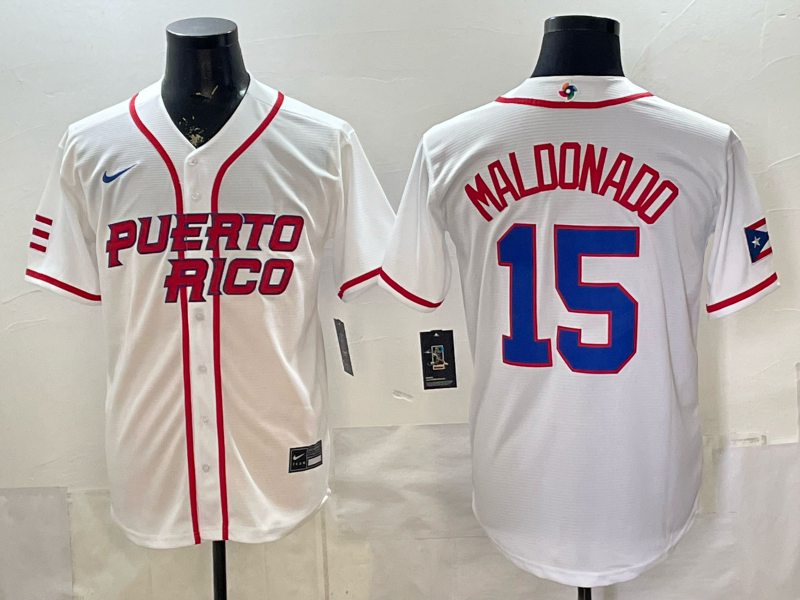 Men's Puerto Rico Baseball Martin Maldonado #15 White 2026 World Baseball Classic Stadium Jersey baseball jersey product view 1