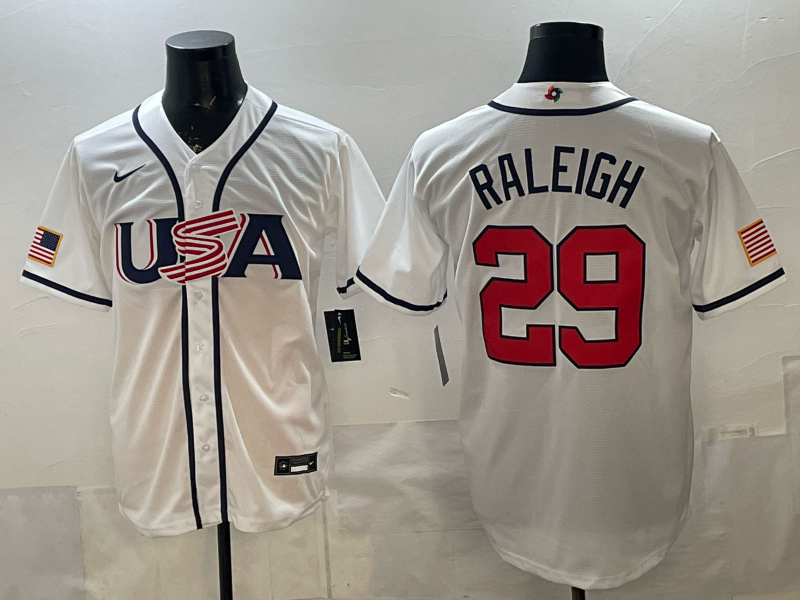 Men's USA Baseball Cal Raleigh #29 White 2026 World Baseball Classic Stadium Jersey baseball jersey product view 1