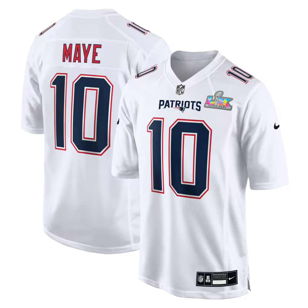 Men's New England Patriots Drake Maye #10 White Super Bowl LX Patch Tundra Fashion Game Jersey football jersey product view 1