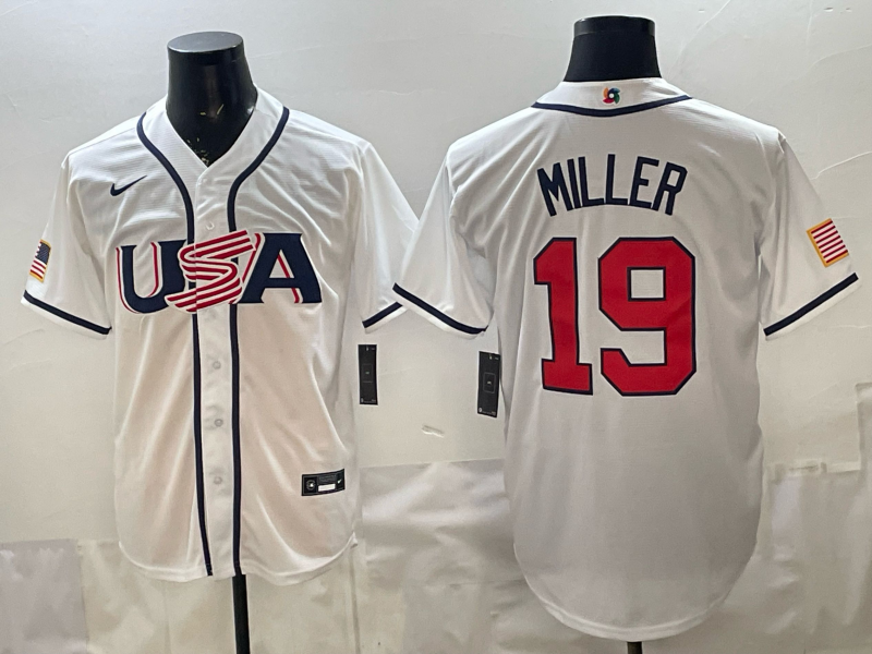 Men's USA Baseball Mason Miller #19 White 2026 World Baseball Classic Stadium Jersey baseball jersey product view 1