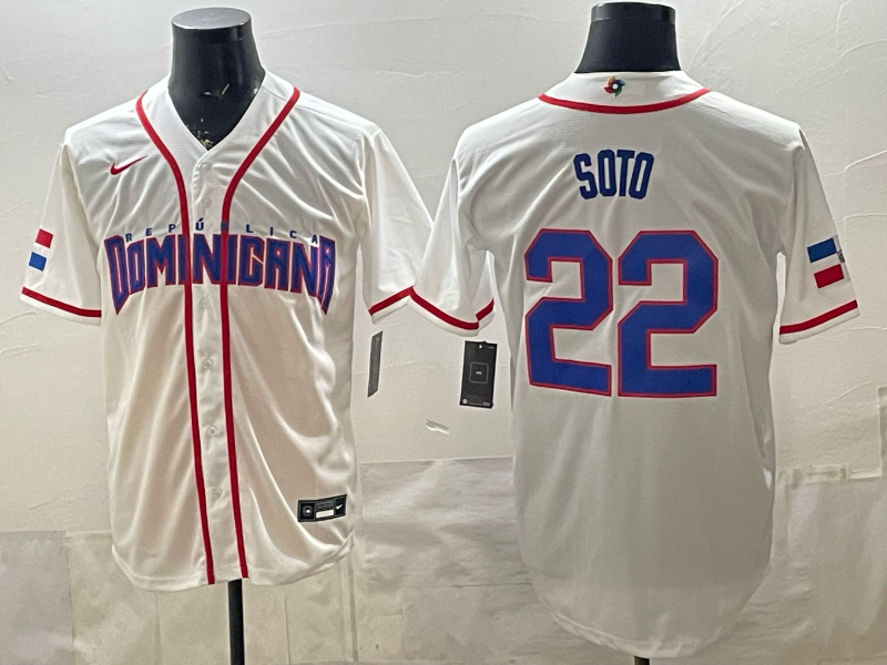 Men's Dominican Republic Baseball Juan Soto #22 White 2026 World Baseball Classic Stadium Jersey baseball jersey product view 1