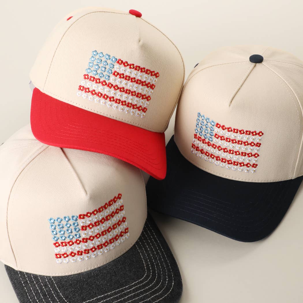 Floral American Flag Embroidered Two-Tone Denim Trucker Hat Unisex T-shirt, Sweatshirt, Hoodie, Long Sleeve Tee - T-Shirt, Sweatshirt, Hoodie
