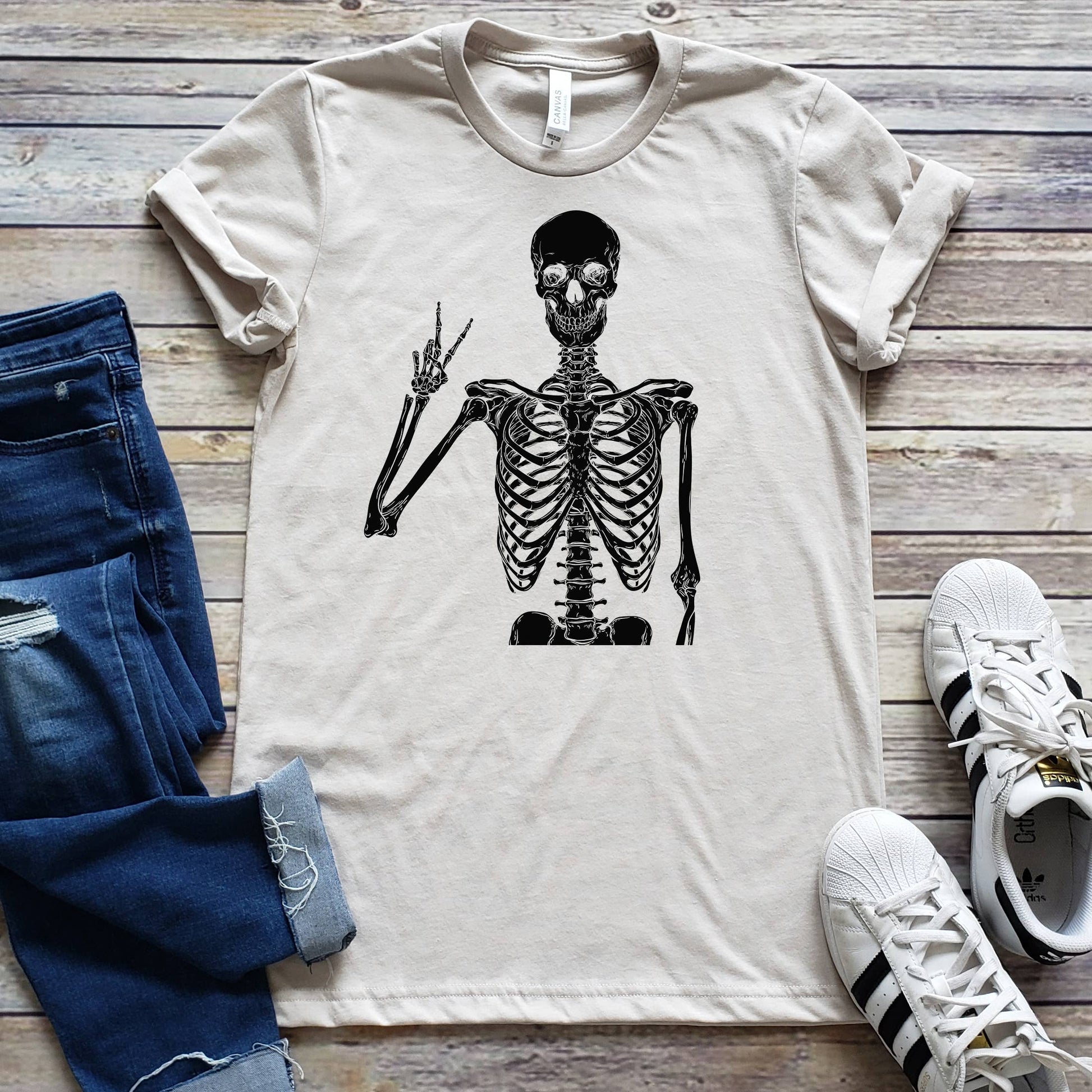 Skeleton Peace Sign Tee | Halloween | Sizes XS-2XL Unisex T-shirt, Sweatshirt, Hoodie, Long Sleeve Tee - T-Shirt, Sweatshirt, Hoodie