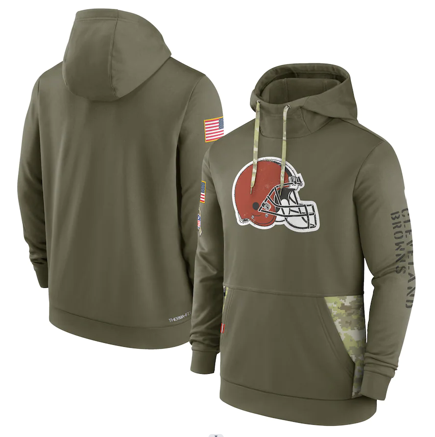 Men's Cleveland Browns Olive 2022 Salute to Service Therma Performance Pullover Hoodie football jersey product view 1