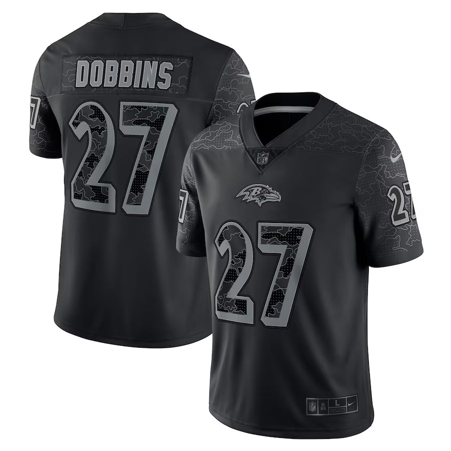 Men's J.K. Dobbins Black Baltimore Ravens RFLCTV Limited Jersey football jersey product view 1