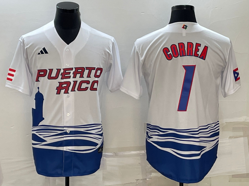 Men's 2023 World Baseball Classic Carlos Correa Puerto Rico White Jersey baseball jersey product view 1