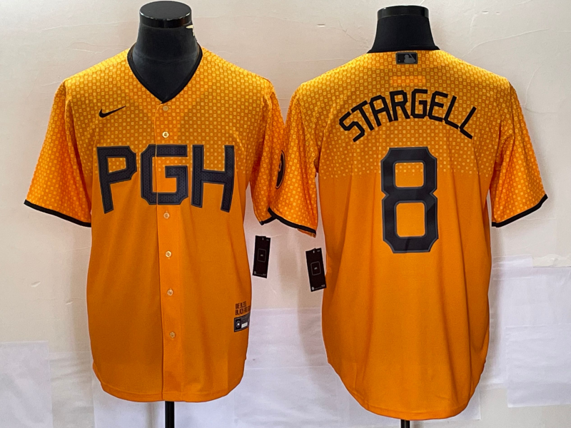 Men's Pittsburgh Pirates Willie Stargell #8 Gold 2023 City Connect Replica Player Jersey baseball jersey product view 1