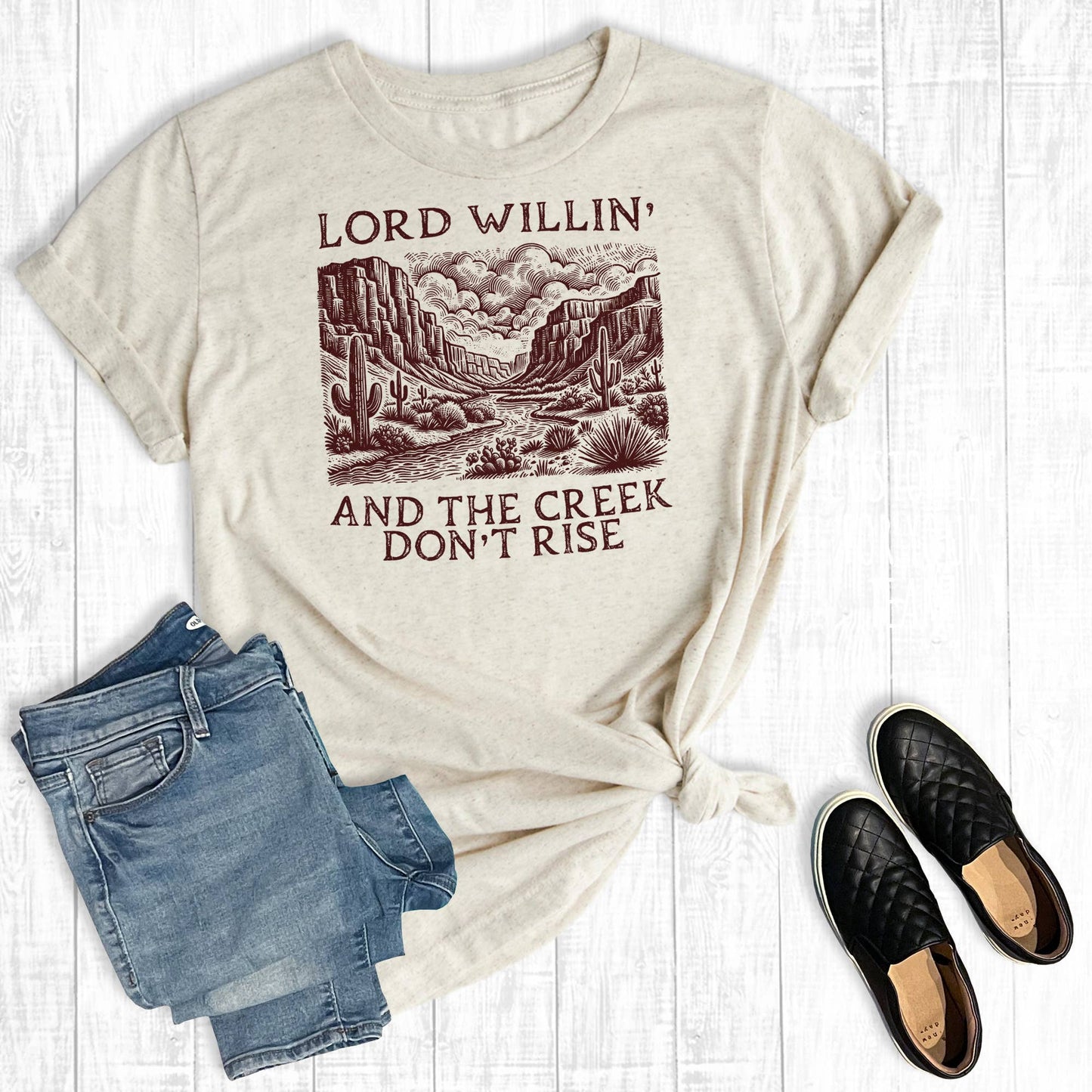 Western Lord Willing and the Creek Don't Rise Graphic Tee Unisex T-shirt, Sweatshirt, Hoodie, Long Sleeve Tee - T-Shirt, Sweatshirt, Hoodie