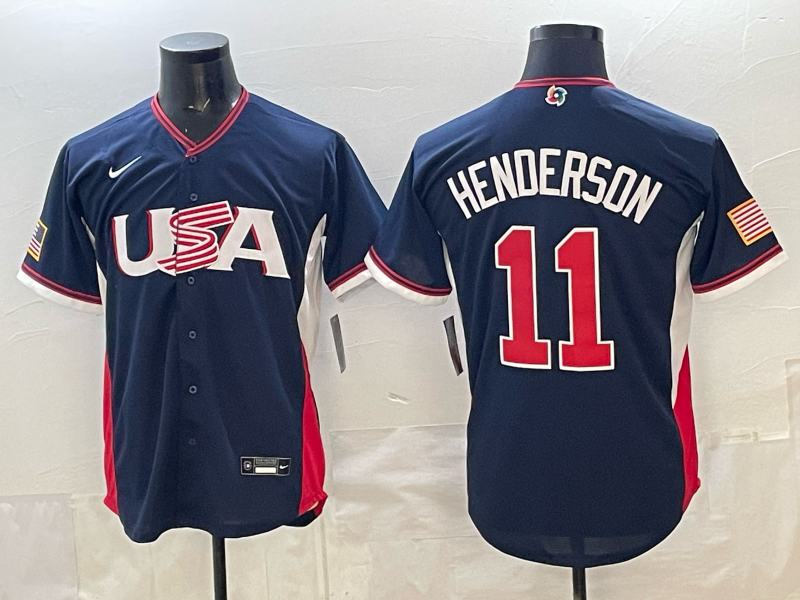 Men's USA Baseball Gunnar Henderson #11 Navy 2026 World Baseball Classic Stadium Jersey baseball jersey product view 1