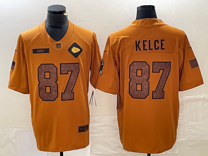 Men's Kansas City Chiefs Travis Kelce Brown 2023 Salute To Service Retired Player Limited Jersey football jersey product view 1