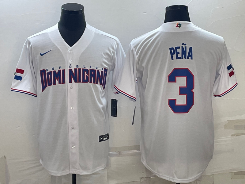 Men's 2023 World Baseball Classic Jeremy Pena Dominican Republic White Jersey baseball jersey product view 1