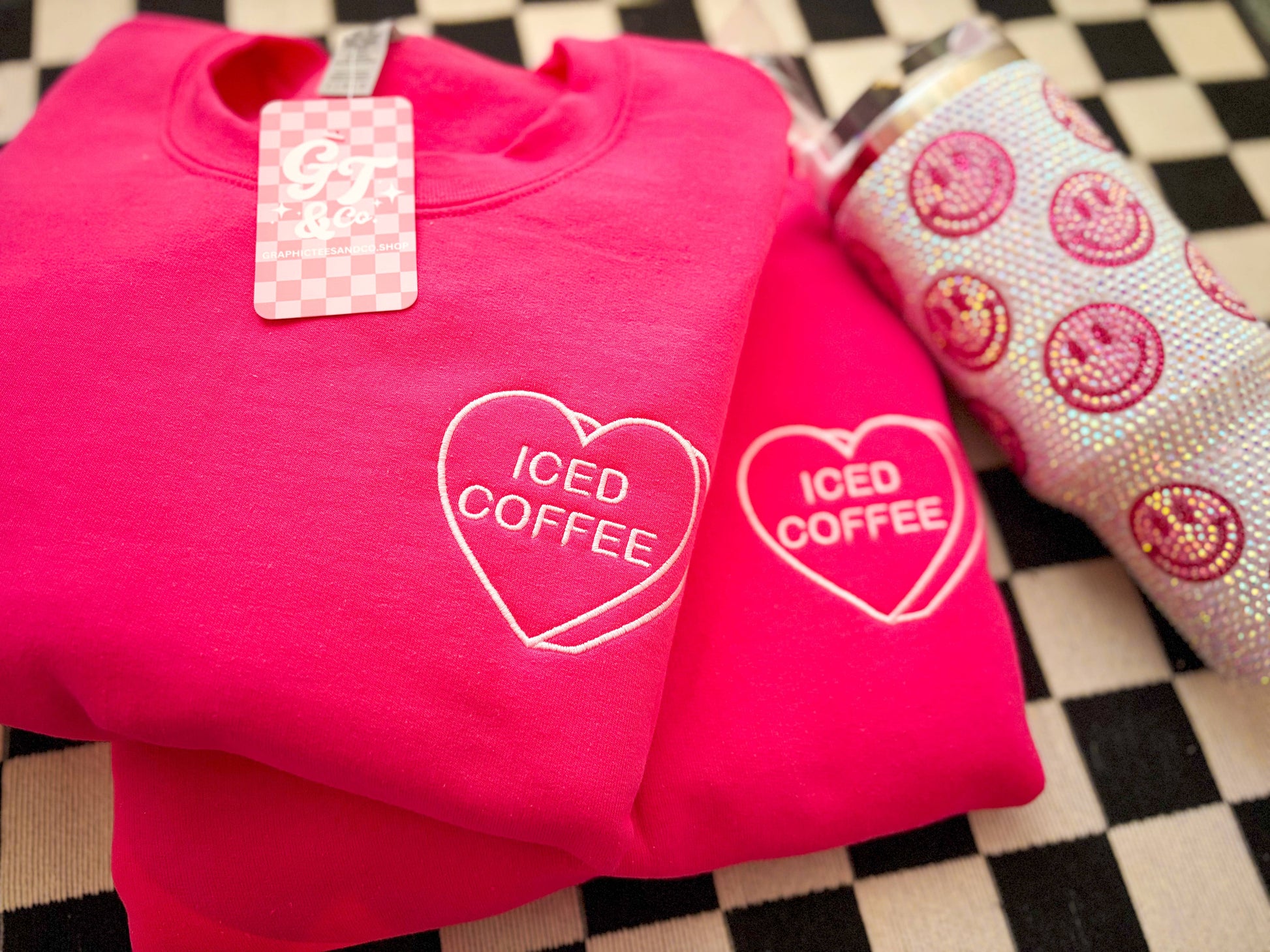 Iced Coffee Heart Embroidered Crewneck | Sweatshirt Unisex T-shirt, Sweatshirt, Hoodie, Long Sleeve Tee - T-Shirt, Sweatshirt, Hoodie
