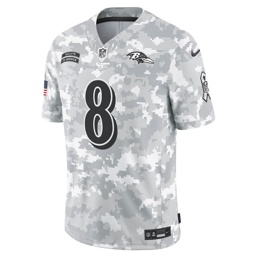 Lamar Jackson 8 Baltimore Ravens 2024 Salute to Service Limited Men Jersey - Arctic Camo football jersey product view 2