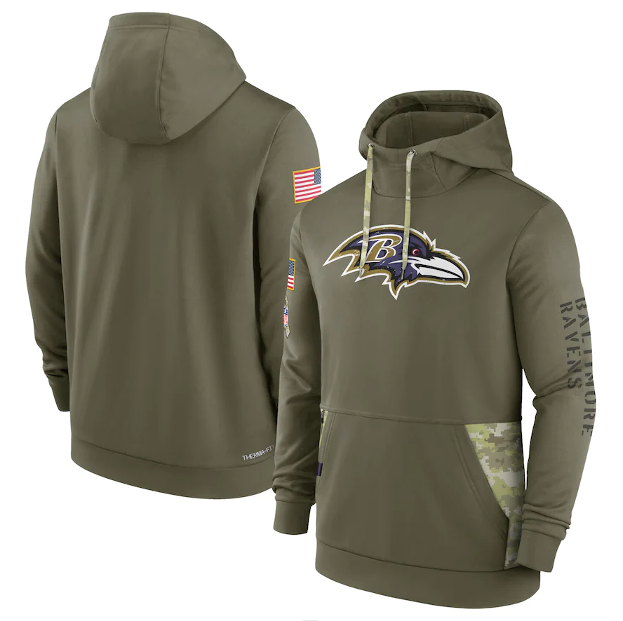 Men's Baltimore Ravens Olive 2022 Salute to Service Therma Performance Pullover Hoodie football jersey product view 1