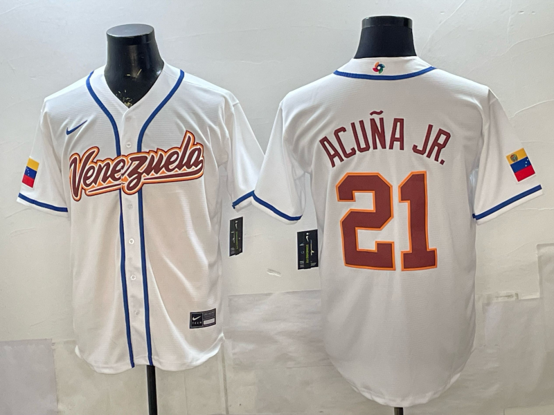 Men's Venezuela Baseball Ronald Acuna Jr. #21 White 2026 World Baseball Classic Stadium Jersey baseball jersey product view 1