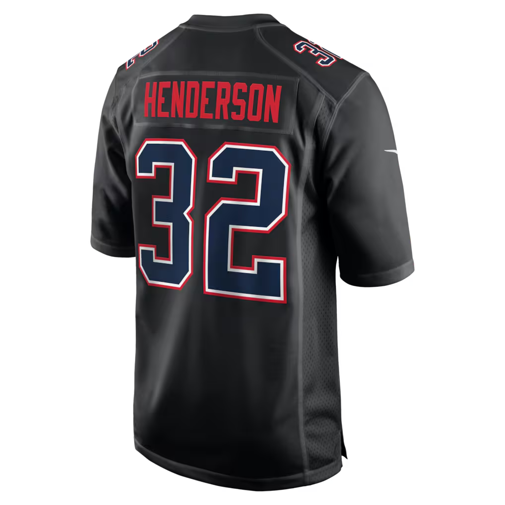 Men's New England Patriots TreVeyon Henderson Black Super Bowl LX Patch Carbon Fashion Game Jersey football jersey product view 3