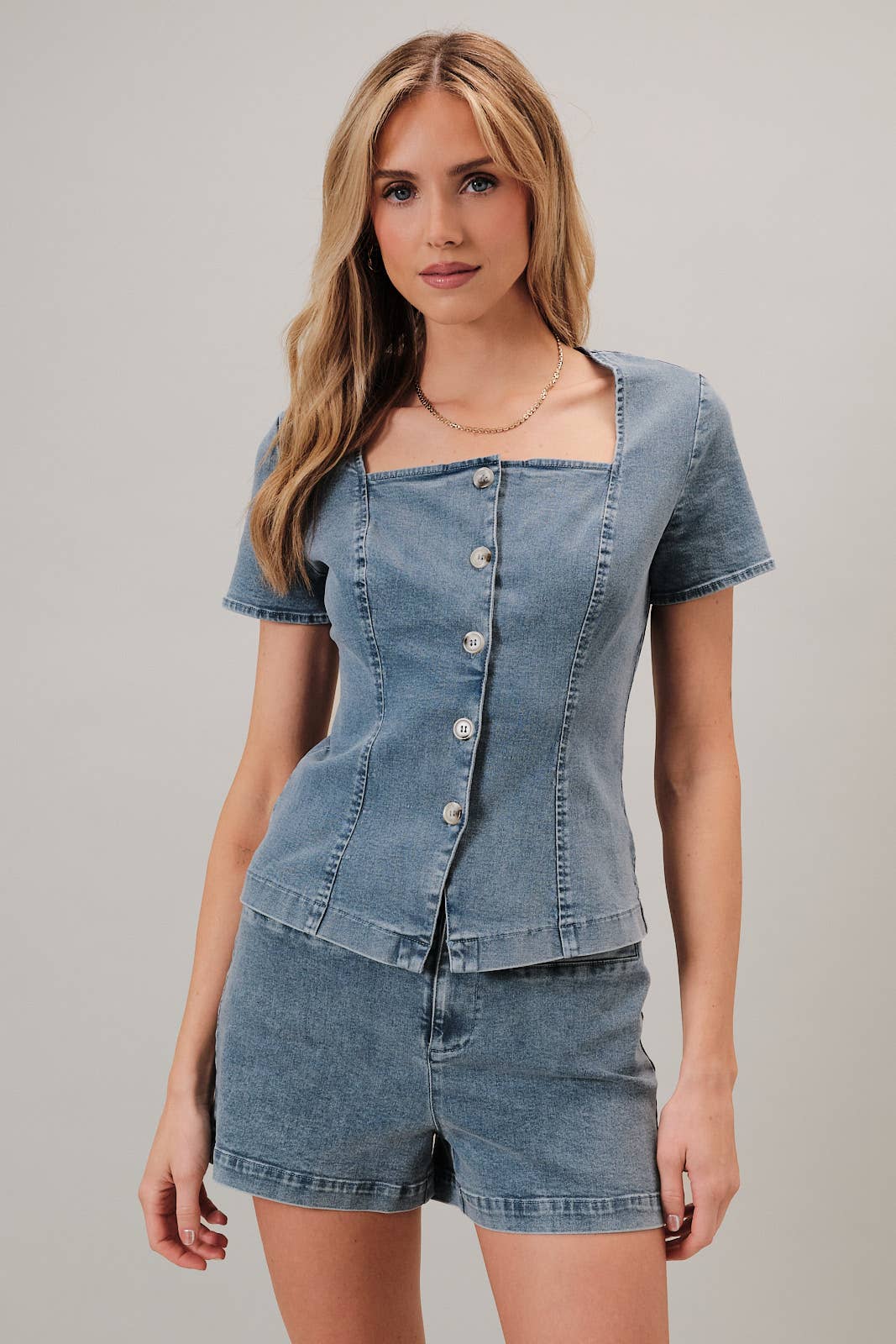 Square Neck Short Sleeve Button Down Stretch Denim Top Unisex T-shirt, Sweatshirt, Hoodie, Long Sleeve Tee - T-Shirt, Sweatshirt, Hoodie