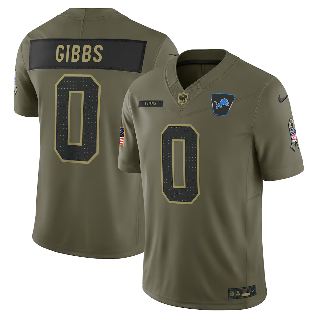 Men's Detroit Lions Jahmyr Gibbs Olive 2025 Salute to Service Limited Jersey football jersey product view 1