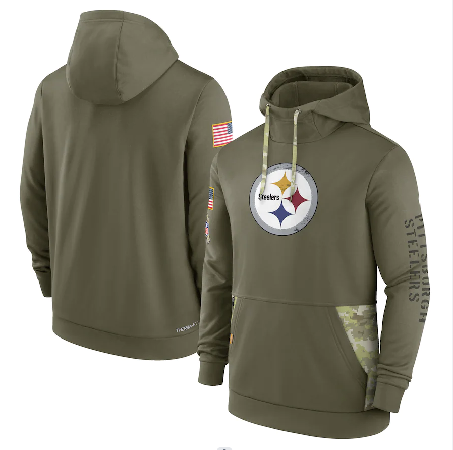 Men's Pittsburgh Steelers Olive 2022 Salute to Service Therma Performance Pullover Hoodie1 football jersey product view 1