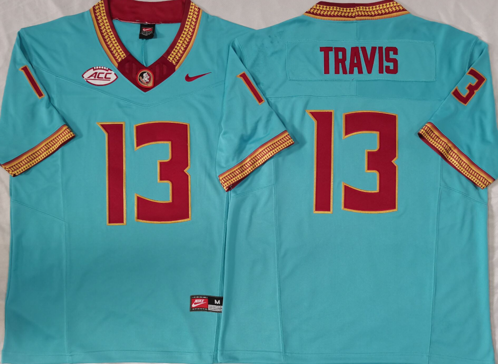 Men's Florida State Seminoles Jordan Travis Turquoise Player Jersey basketball jersey product view 1