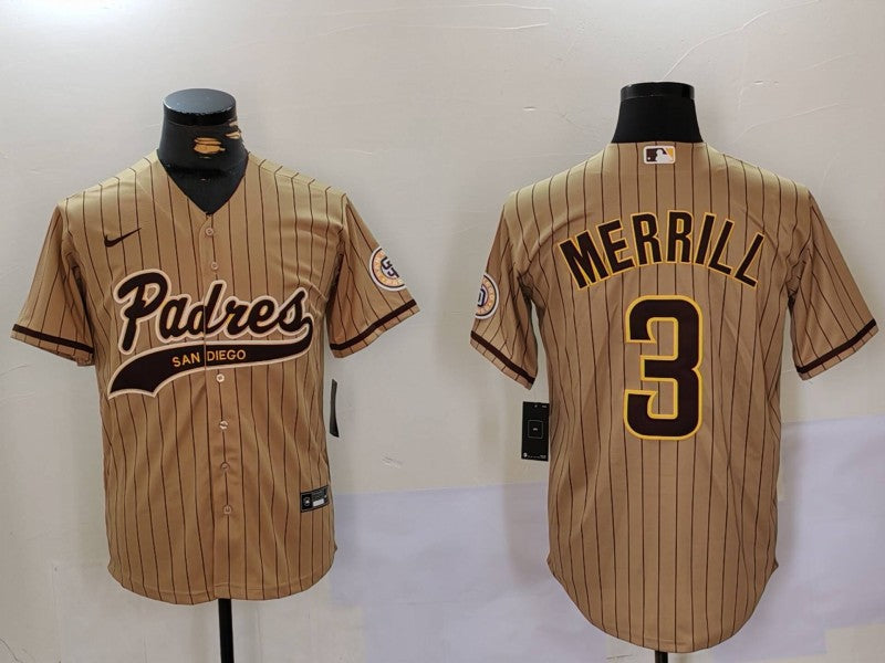 Men's San Diego Padres Jackson Merrill Tan Alternate Replica Player Jersey baseball jersey product view 1