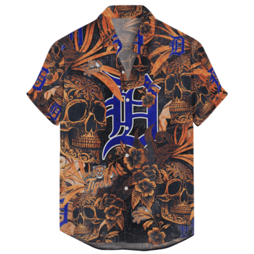 Detroit Tigers Vintage Skull & Floral Hawaiian Shirt Unisex T-shirt, Sweatshirt, Hoodie, Long Sleeve Tee - T-Shirt, Sweatshirt, Hoodie